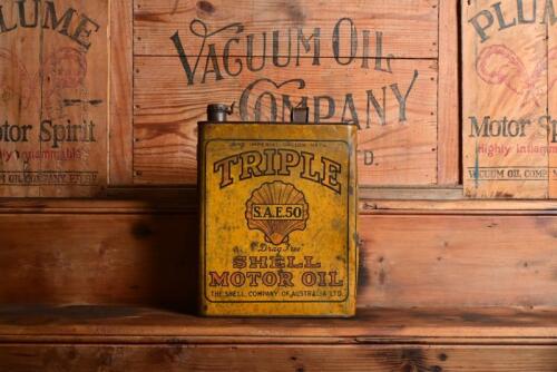 SHELL: An Australian circa 1930s "Shell Triple Motor Oil SAE 50" one imperial gallon tin with embossed top