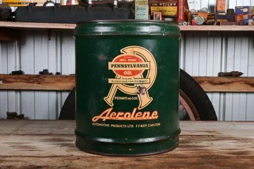 AEROLENE: An early American "Aerolene 100% Pure Pennsylvania Oil" four imperial gallon drum