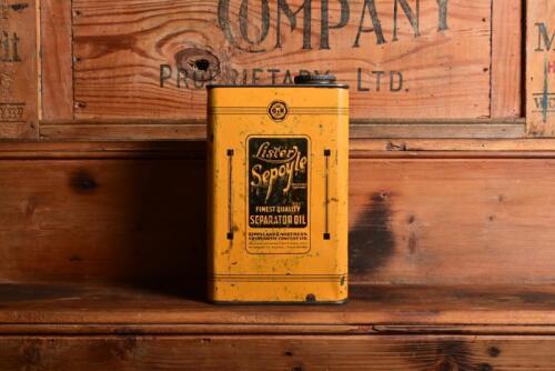 LISTER: An early "Lister Sepoyle Finest Separator Oil" square half gallon oil tin