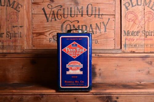 PENN-RAD: A six quart "Penn-Rad 100% Pure Pennsylvania Oil" tin
