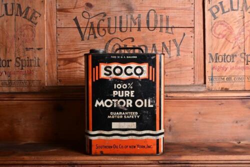 SOCO: A two gallon "Soco 100% Pure Motor Oil" tin