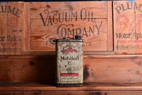 VACUUM OIL CO: A circa 1930s "Gargoyle Mobiloil E" one imperial gallon tin with embossed Gargoyle top and lid