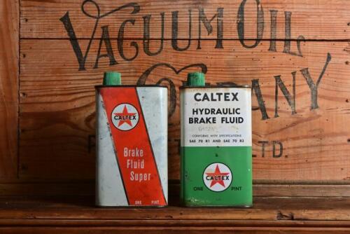 CALTEX: Two circa 1970s one pint Caltex brake fluid tins
