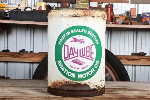 DAYLUBE: An original American "Daylube Aviation Motor Oil" five imperial gallon oil drum