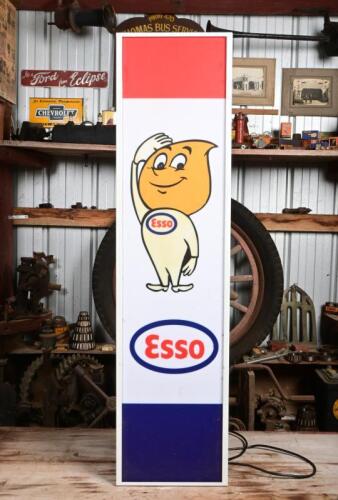 ESSO: A reproduction illuminated "Esso" sign featuring drip man, 120 x 30