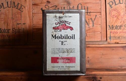 VACUUM OIL CO: A circa 1930s "Gargoyle Mobiloil E" four imperial gallon tin, with top cut out and holes cut for a handle either side