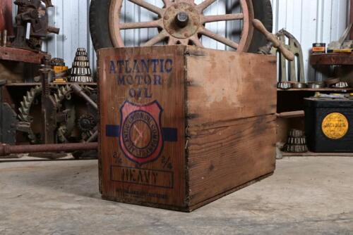 ATLANTIC: An early Australian "Atlantic Motor Oils" wooden oil tin box, 37cm high, 53cm wide, 26cm deep