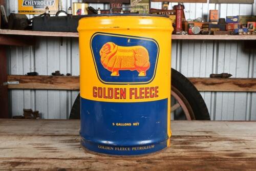 GOLDEN FLEECE: A five gallon Golden Fleece oil drum stamped 'Mildef H.40'
