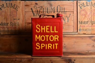 SHELL: An early two imperial gallon debossed "Shell Motor Spirit" repainted running board tin