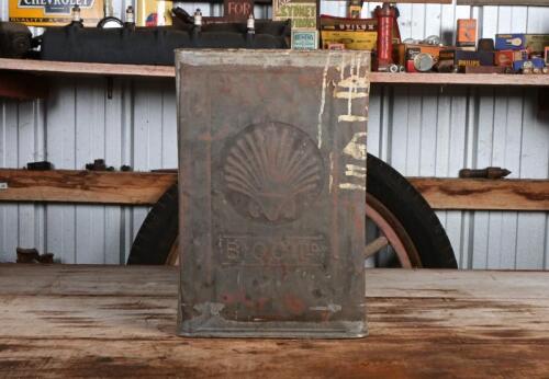 SHELL: A New Zealand circa 1930s embossed "Shell Bio Co Ltd" four imperial gallon tim with one side removed