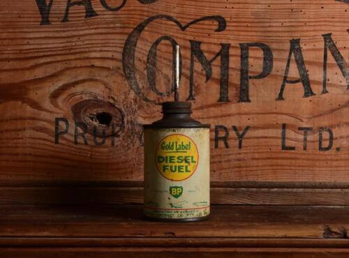 BP: A circa 1960 eight fluid ounce "BP Gold Label Diesel Fuel" tin