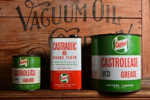 CASTROL: Three circa 1960s "Castrol" tins, two Castrolease Grease" and a"Castrolic HD Brake Fluid"