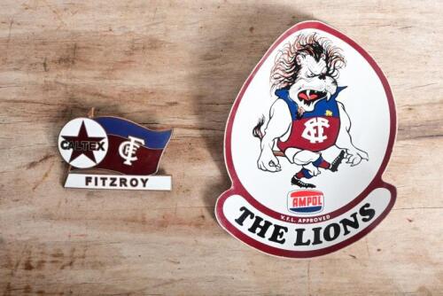 AFL/LIONS: A&nbsp;circa 2000s Caltex Lions enamel badge by F.H Stephens MELB together with a VFL Ampol 'The Lions' unused sticker