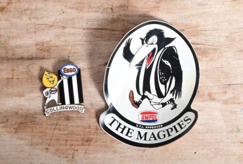 AFL/COLLINGWOOD: A circa 2000s&nbsp;Esso 'Drop Man' Collingwood enamel badge by Bertram together with a 1970s VFL Ampol 'The Magpies' unused sticker