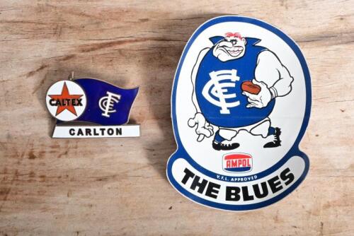 AFL/CARLTON: A circa 2000s Caltex Carlton enamel badge by F.H Stephens MELB together with a 1970s VFL 'The Blues' unused sticker