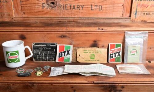 CASTROL: A collection of Castrol promotional items including a mug stickers, patch etc
