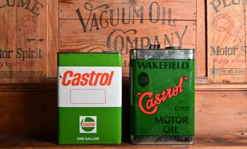 CASTROL: A circa 1970/80s "Castrol" one gallon tin and reproduction of a circa 1920s "Castrol Wakefield" tin