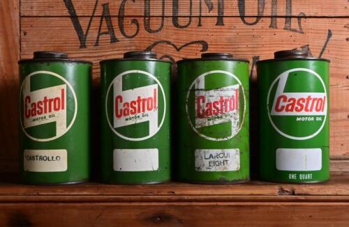 CASTROL: Four circa 1960s "Castrol" oil tins, three one imperial gallon and one one gallon