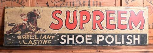 SUPREEM: A nice early Supreem Shoe Polish tin sign, branded lower right "Bris. Mirror Signs Co", believed to be Australian, 25.5cm high, 92.5cm wide