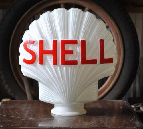 SHELL: A circa 1930s glass Shell glass illumination double sided bowers clam globe, lettering painted to one side, approx 44cm high, neck unchipped, on later chipboard base
