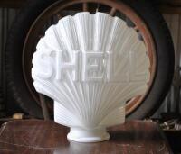 SHELL: A circa 1930s glass Shell glass illumination double sided bowers clam globe, lettering painted to one side, approx 44cm high, neck unchipped, on later chipboard base - 3