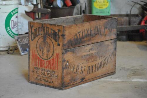 GOLDEN FLEECE: A early hardwood "Golden Fleece Motor Spirit" hanging ram box, imported by HC Sleigh, 37cm high, 53cm wide, 27cm deep