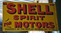 SHELL: An early Australian double sided post mounted "Shell Spirit for Motors" painted tin sign, printed lower right: Jas Robertson, Eml, Syd., some touch up to yellow ground and corner lettering, 33 x 57cm - 2