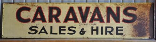 CARAVANS: A vintage double sided painted "Caravans Sales & Hire" tin sign, 43 x 179cm