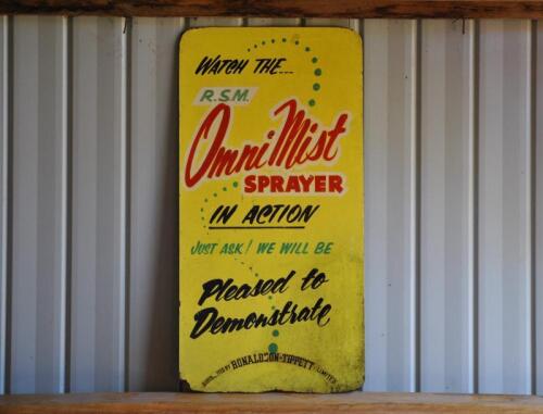 RONALDSON TIPPETT: A vintage painted "OmniMist Sprayer" masonite sign, 90 x 46cm