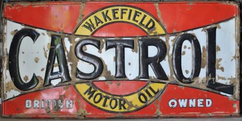 CASTROL: A large circa 1900/10s enamelled "Castrol Wakefield Motor Oil" sign, with embossed letters and border, 89 x 180