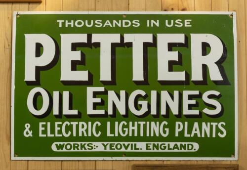 PETTER OIL ENGINES: A good reproduction "Petter Oil Engine" enamelled sign, 60 x 90cm&nbsp;(SALEROOM NOTICE)