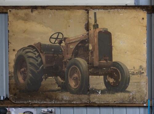 CHAMBERLAIN: A large vintage two part "Chamberlain Champion" tractor poster on masonite, 102 x 150