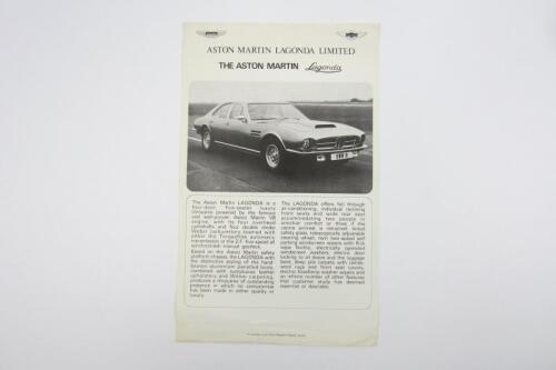 ASTON MARTIN LAGONDA: A single page sales brochure for the Aston Martin Lagonda limousine.