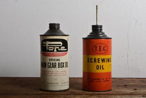 SCREWING OIL: A T.E.C Screwing oil tin, 22cm high together with Pope main gear box oil tin