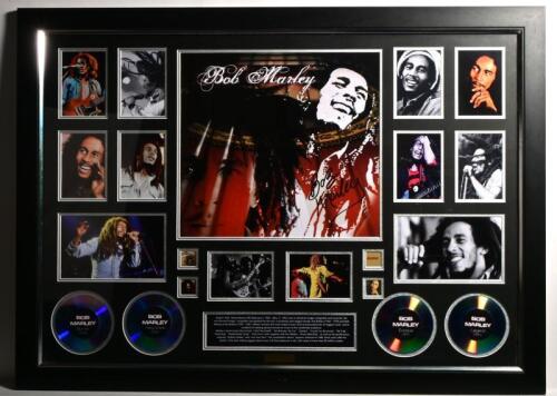 BOB MARLEY: A commemorative limited edition framed grouping of Bob Marley career highlights, with brass plaque 'Limited Edition 51 of 199', overall measurements 80cm high, 110cm wide.