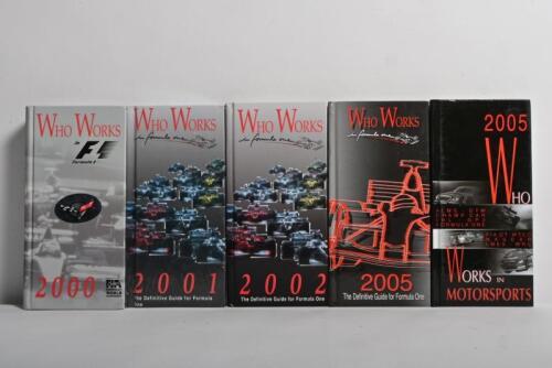 WHO WORKS: Five editions of 'WHO WORKS in formula one' guides from 2000, 2001, 2002 & 2005