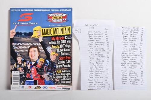 V8 SUPERCARS: An October 2015 'SUPERCARS SUPERCHEAP AUTO BATHURST 1000, MAGIC MOUNTAIN' Official Programme. Programme signed by multiple V8 drivers including Marcos Ambrose, Simona De Silvestro, Warren Luff, Chaz Mostert, Garth Tander