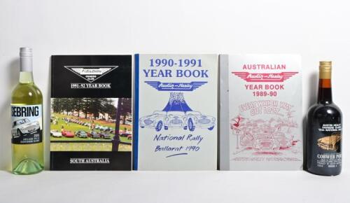 AUSTIN HEALEY: Five items relating to Austin Healey in Australia. 'AUSTRALIAN Austin-Healey YEAR BOOK' from 1989-90 to 1991-92, 'AUSTIN HEALEY OWNERS CLUB 10th NATIONAL RALLY - COBWEB PORT & 'SEBRING', 2015 ADELAIDE HILLS SAUVIGNON BLANC