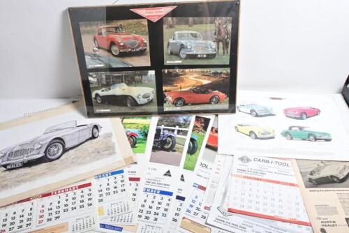AUSTIN HEALEY/MOTORING: A collection of Austin Healey and car related items. Glazed Austin Healey colour picture collage including 100 and 3000 models. 'CARB-I-TOOL' calendars
