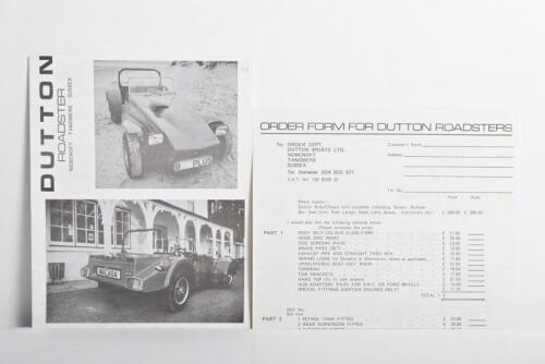 DUTTON ROADSTER: A black and white Dutton Roadster sales brochure, sales narrative, model features, technical data; with separate Dutton Roadster Order Form.