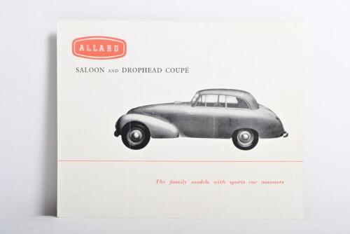 ALLARD: An Allard Saloon and Drophead Coupe sales brochure, black and white, feature details, specifications, dimensional data, 'INTERNATIONAL SUCCESSES' information to rear; light fold line creases.