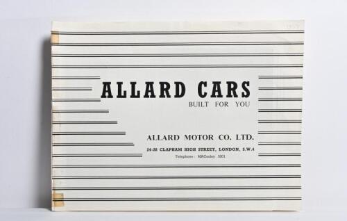 ALLARD: A 1957 'ALLARD CARS' sales brochure, black and white, engine alternative specifications, model picture body, feature details, specifications, equipment details, dimensional data.