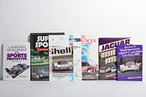 JAGUAR: Six publications related to Jaguar Sports Car racing. 1990 'SHELL DONINGTON TROPHY DONINGTON PARK, BRITAIN' Official Programme signed by Martin Brundle, Jackie Stewart, Jan Lammers