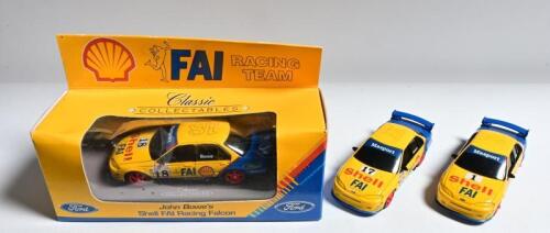 FORD: Three 1:43 scale Classic COLLECTABLES Shell FAI Racing Team EL Ford Falcons of John Bowe and Dick Johnson, one boxed; box with slight indentation.