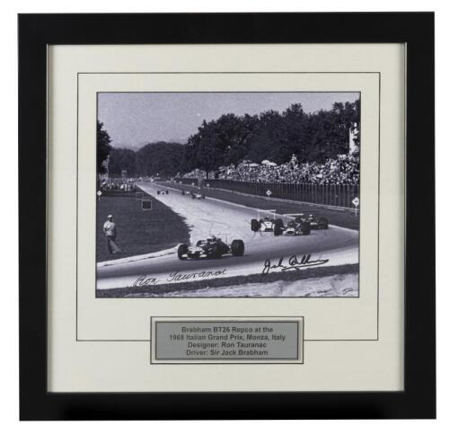 BRABHAM: A black and white image of Sir Jack Brabham racing a Brabham BT26 Repco at the 1968 Italian Grand Prix, Monza, Italy. Image signed by Sir Jack Brabham & Designer Ron Tauranac