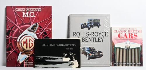 BRITISH MARQUES: A collection of various books detailing British cars. Sealed copy of 'ROLLS-ROYCE & BENTLEY - The history of the cars' hardcover book by Martin Bennett