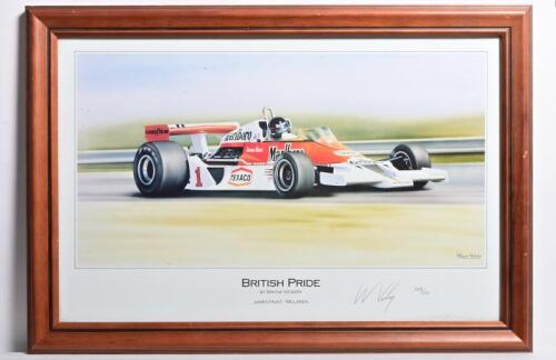 McLAREN: A Wayne Vickery print - 'BRITISH PRIDE' - depicts James Hunt driving a McLaren M26. Limited Edition 383/500. Picture signed by artist