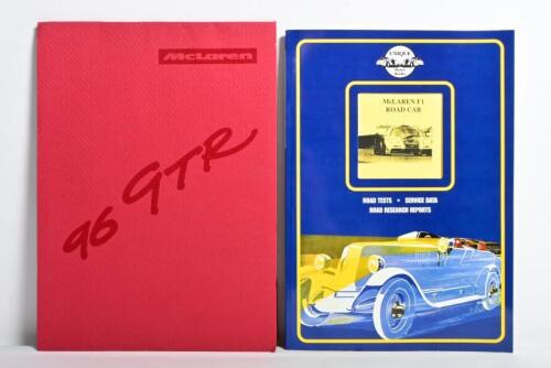 McLAREN F1: Two McLaren F1 Road and Race items. 'McLaren 96 GTR' Media Kit. McLaren F1 brochure. McLaren postcard set