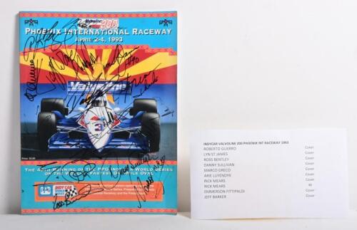 INDYCAR: An April 2-4, 1993 'PHOENIX INTERNATIONAL RACEWAY' Official Program. Front cover and program signed by numerous IndyCar drivers including Lyn St James, Marco Greco, Emerson Fittipaldi, Rick Mears