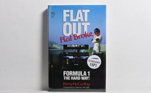 McCARTHY: 'FLAT OUT, Flat Broke FORMULA 1 THE HARD WAY!' hardcover book by Perry McCarthy. Perry McCarthy signature